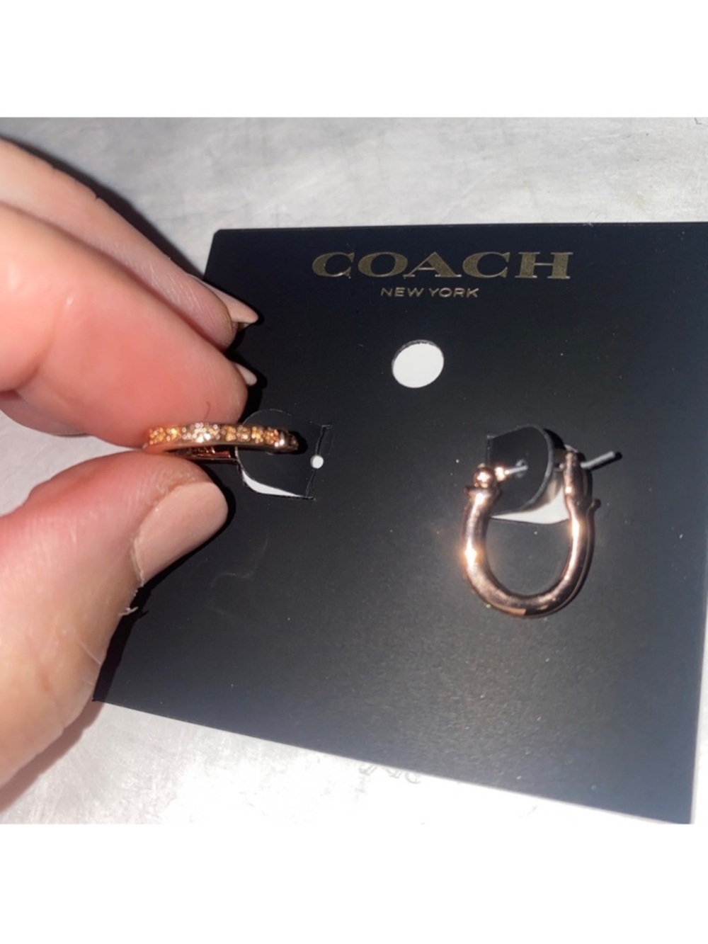 COACH Pave Signature Huggie Earrings Rose Gold Hinged Snap Back Closure $78 - Picture 2 of 5